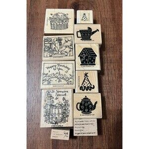 90s Rubber Stamp Lot of 11 Stamps Birthday Thank You Teapot Birdhouse